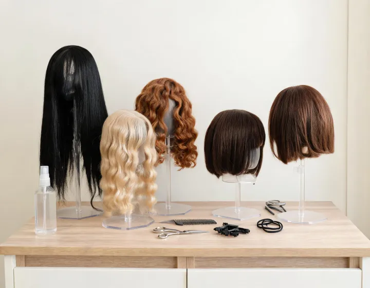 human hair wig vendors wholesale on a cosmetics bench, illustration only